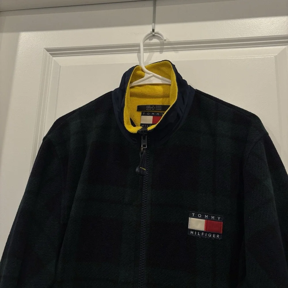 VINTAGE Tommy Hilfiger Full Zip Fleece Jacket Tartan Plaid Green Mens Medium 90s